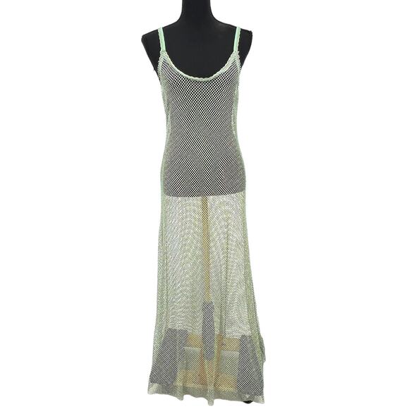 New Free People Sheer Open Weave Slip Maxi Dress Green Rhinestone Boho Beach - Picture 2 of 16